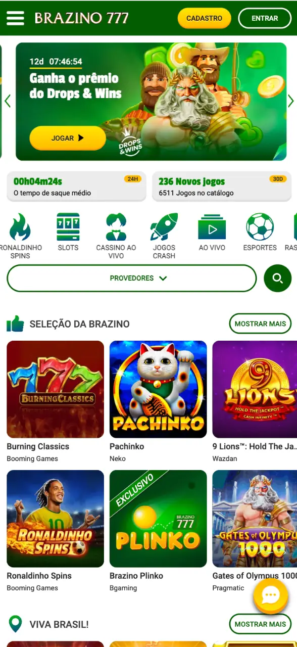 Abra a página principal do Brazino777 em seu celular.