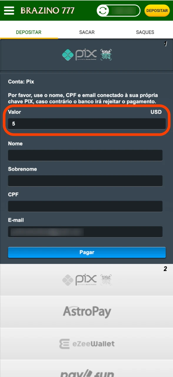 Insira o valor que deseja depositar no Brazino777 site.