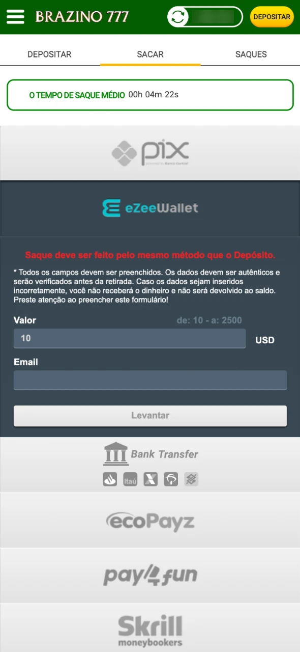 Escolha seu método de pagamento preferido no site Brazino777.