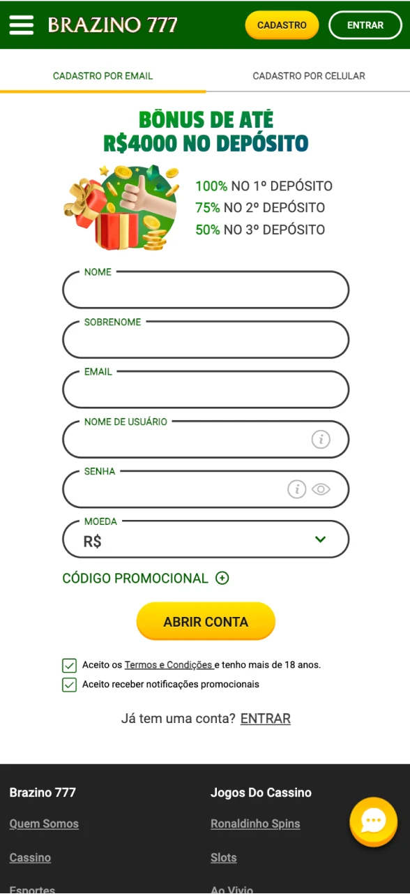 Preencha os campos necessários no Brazino777 site.