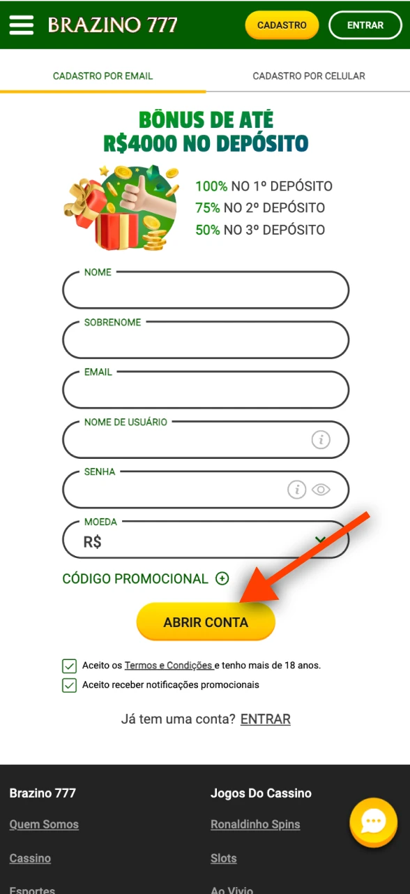 Clique no botão amarelo no Brazino777 para finalizar seu registro