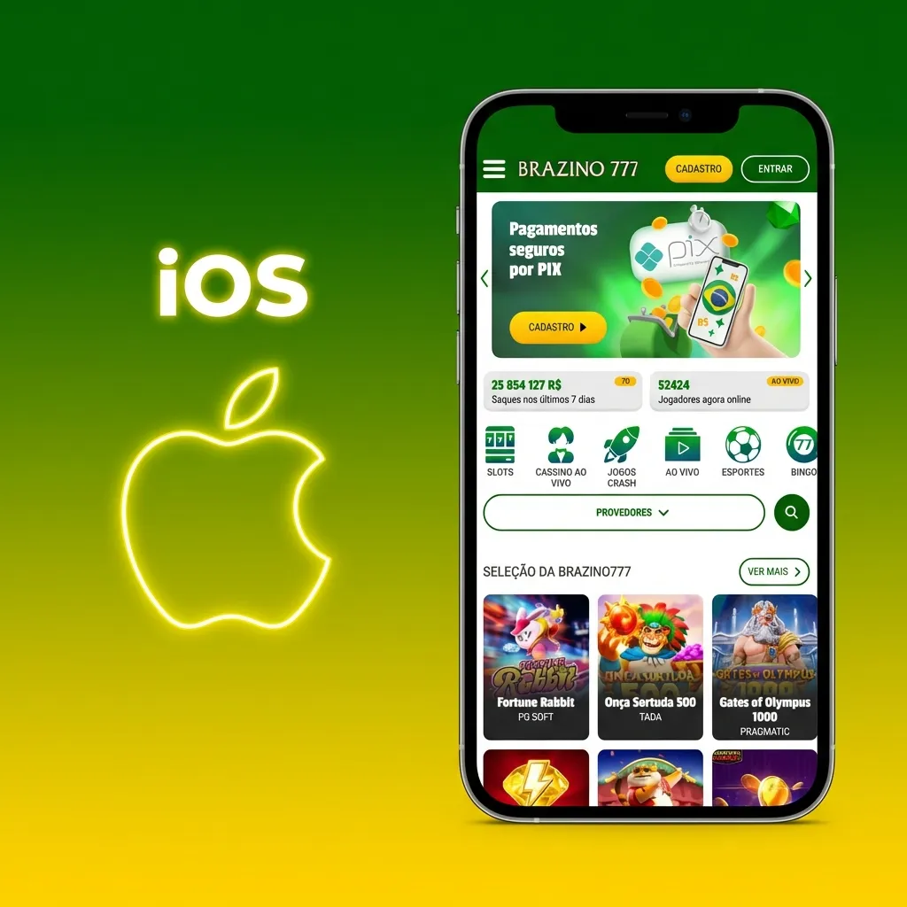 Guia de instalação passo a passo do app Brazino777 para iPhone mostrando download pela App Store e login no aplicativo