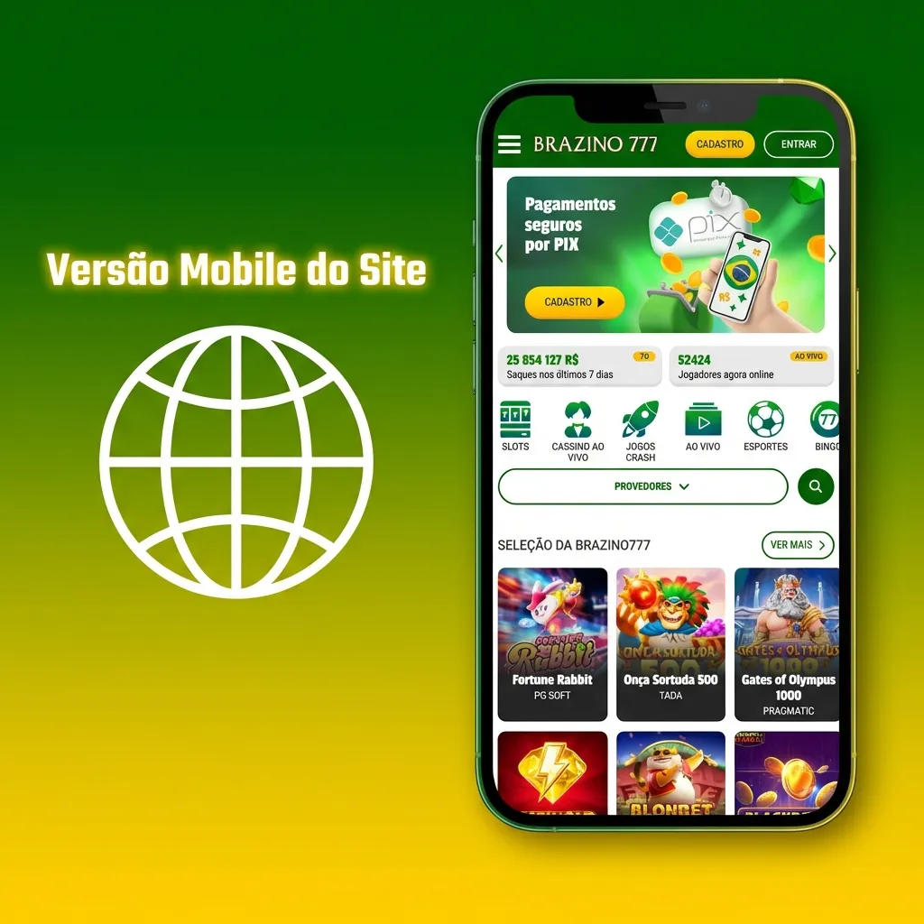 Mobile-responsive betting site interface showing fast loading, PIX deposits, live odds, slots, and casino games.