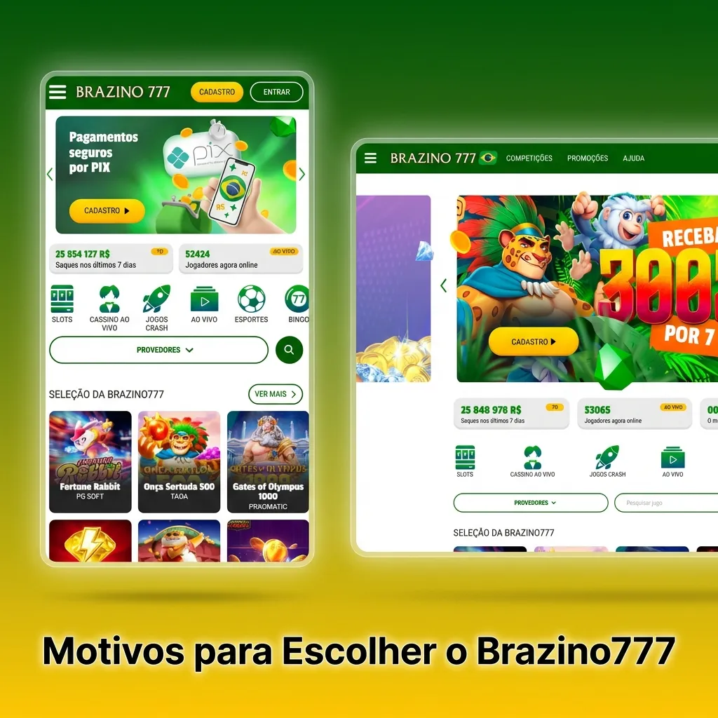 Brazino777 platform highlighting instant PIX withdrawals, 3000+ casino games, live betting, and 24/7 Portuguese support