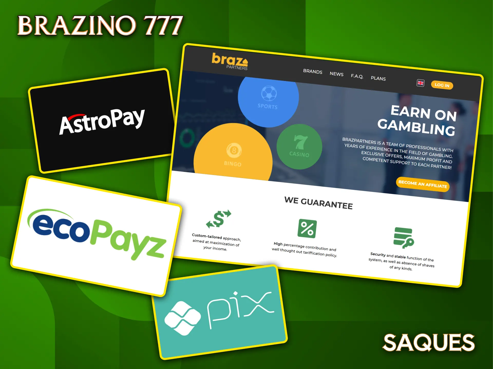 Retire rapidamente suas comissões através dos sistemas de pagamento mais populares na plataforma de afiliados Brazino777.