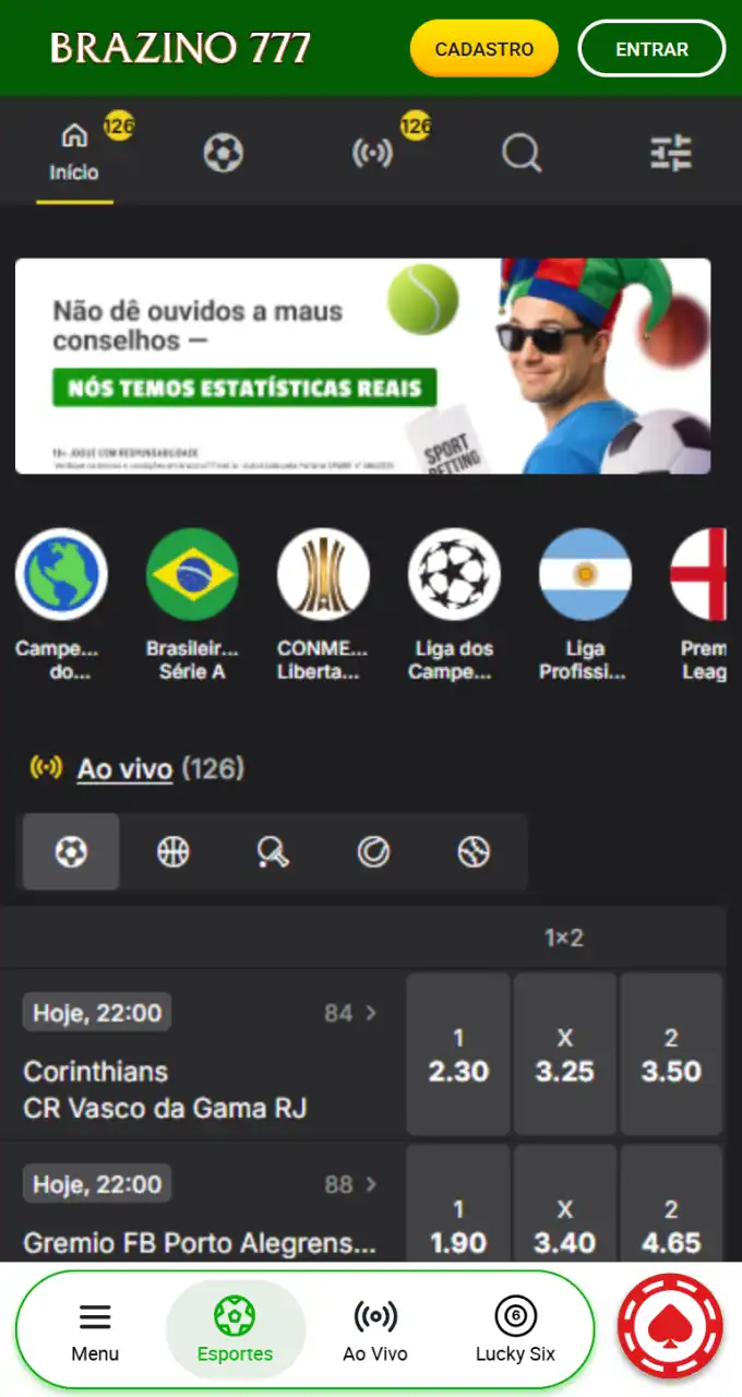 Encontre seu evento favorito no aplicativo oficial da casa de apostas Brazino777.