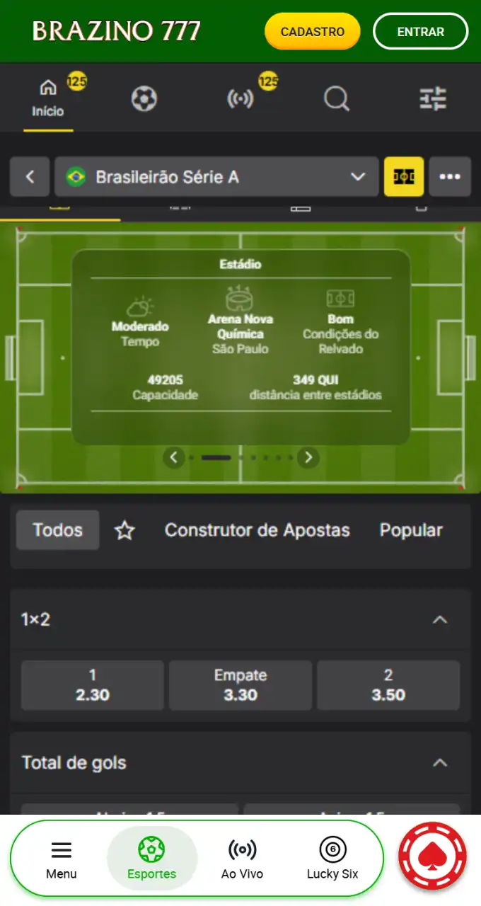 Clique em um evento esportivo no Brazino777 para ver as odds disponíveis para apostas.