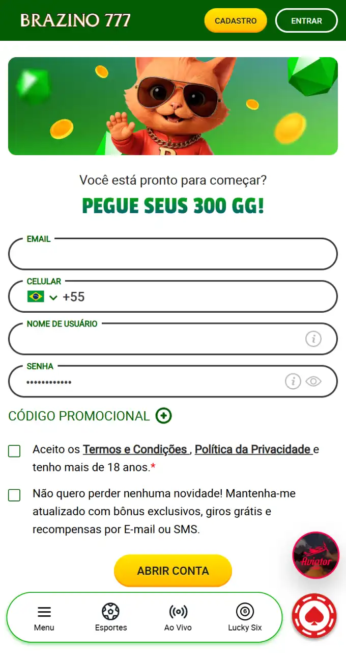 Cadastre-se no aplicativo Brazino777 para acessar os jogos e o cassino.