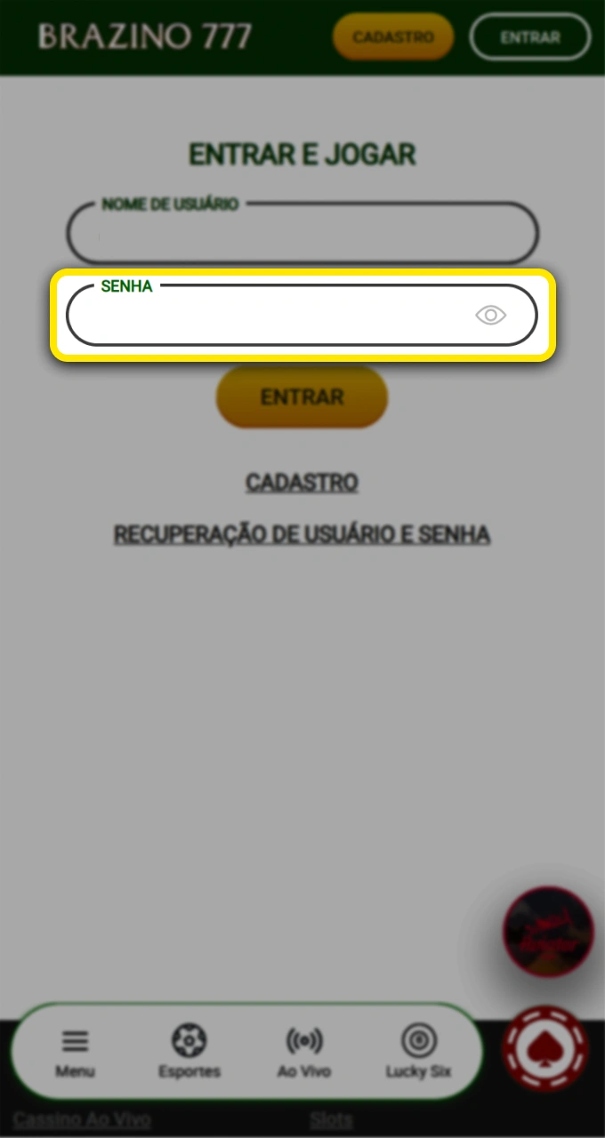 Digite sua senha com total segurança para entrar na sua conta do cassino Brazino777.