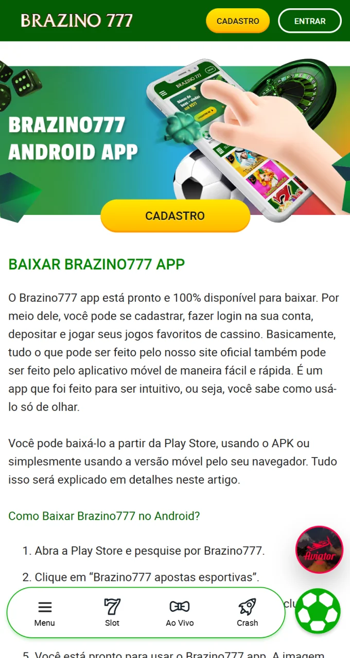 Baixe o aplicativo Android para acessar o jogo Aviator rapidamente no cassino Brazino777.