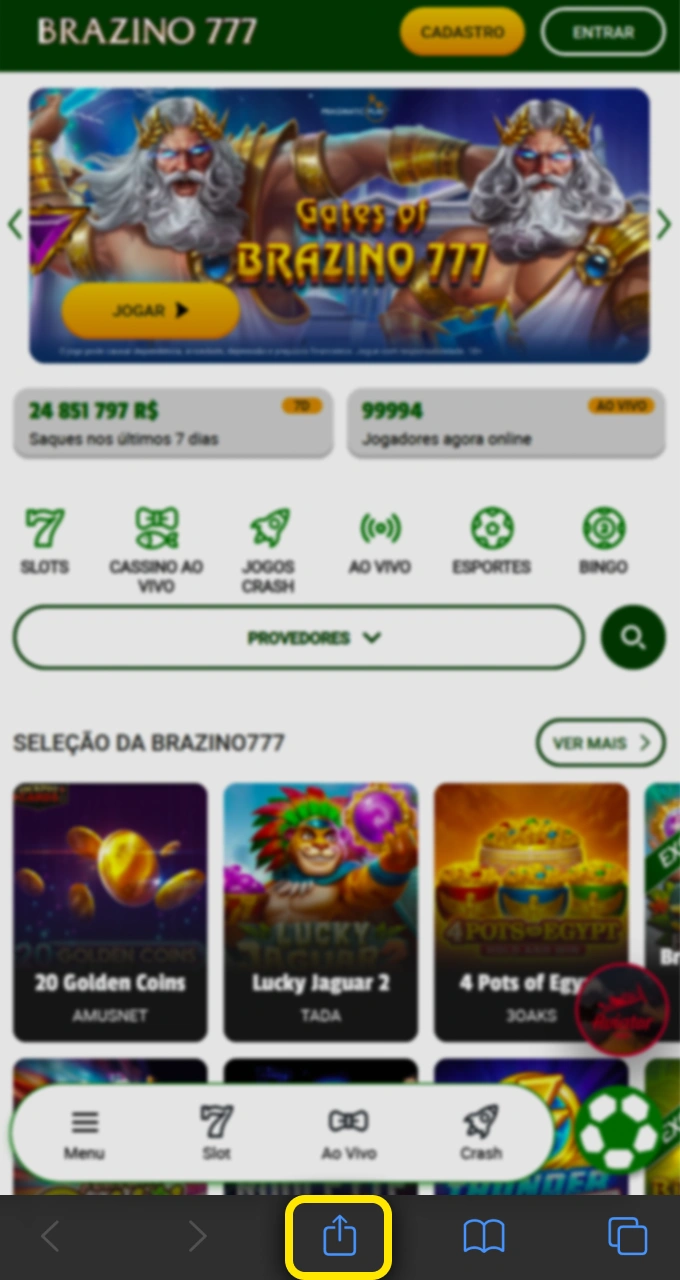 Use a função compartilhar para instalar o atalho do Aviator no cassino Brazino777.