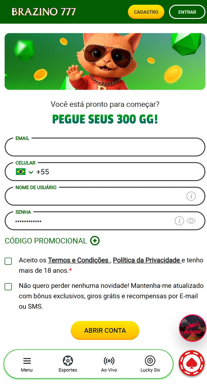 Crie uma conta no Brazino777 e receba seu bônus de boas-vindas imediatamente.