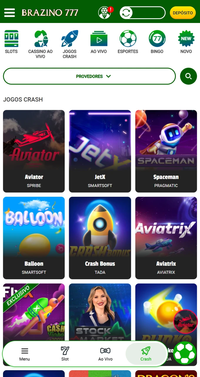 Selecione um jogo dentre os disponíveis na plataforma do cassino Brazino777.
