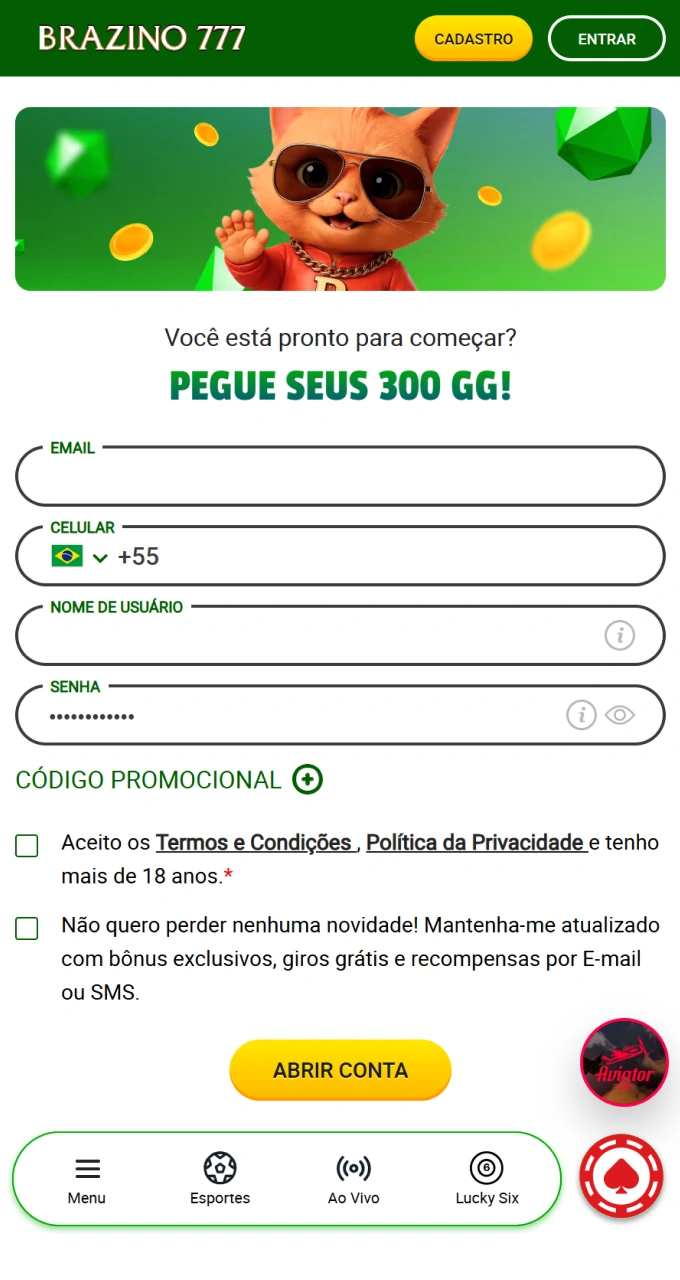 Cadastre-se no Brazino777 e ganhe um bônus para jogar no cassino ao vivo.
