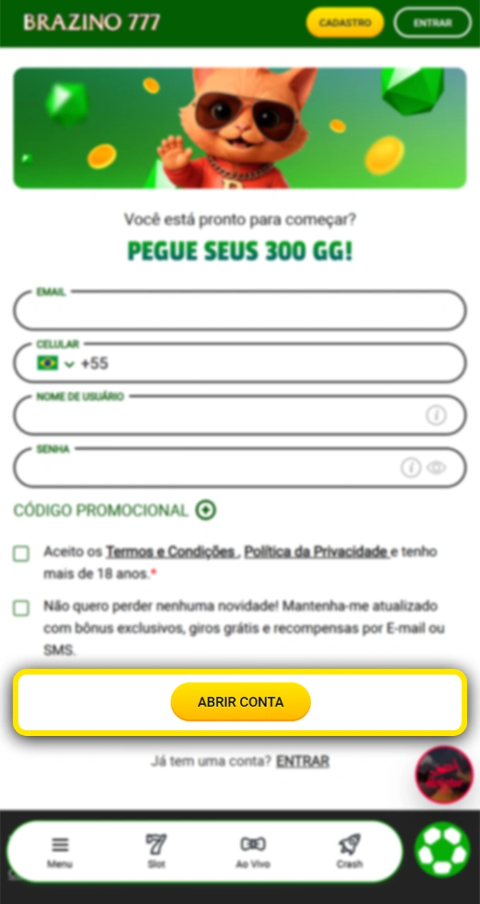 Complete a sua conta Brazino777 e receba o seu pacote de boas-vindas para apostas.