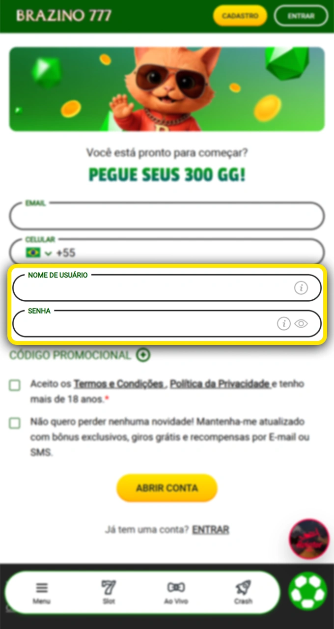 Escolha um nome de usuário e uma senha para começar sua jornada rumo à vitória no Brazino777.