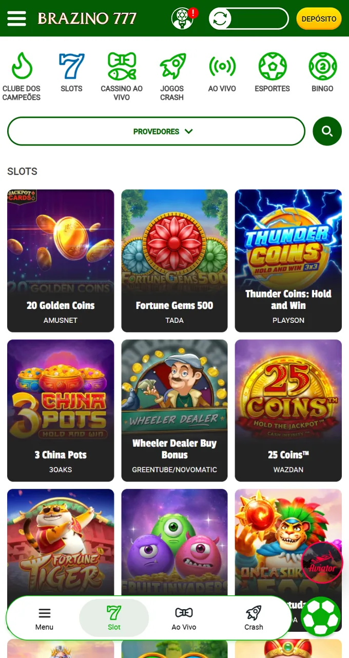 Navegue pela seção de slots e escolha títulos premiados no cassino Brazino777.