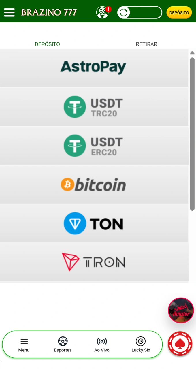 Selecione o seu método de pagamento preferido na plataforma intuitiva do Brazino777.