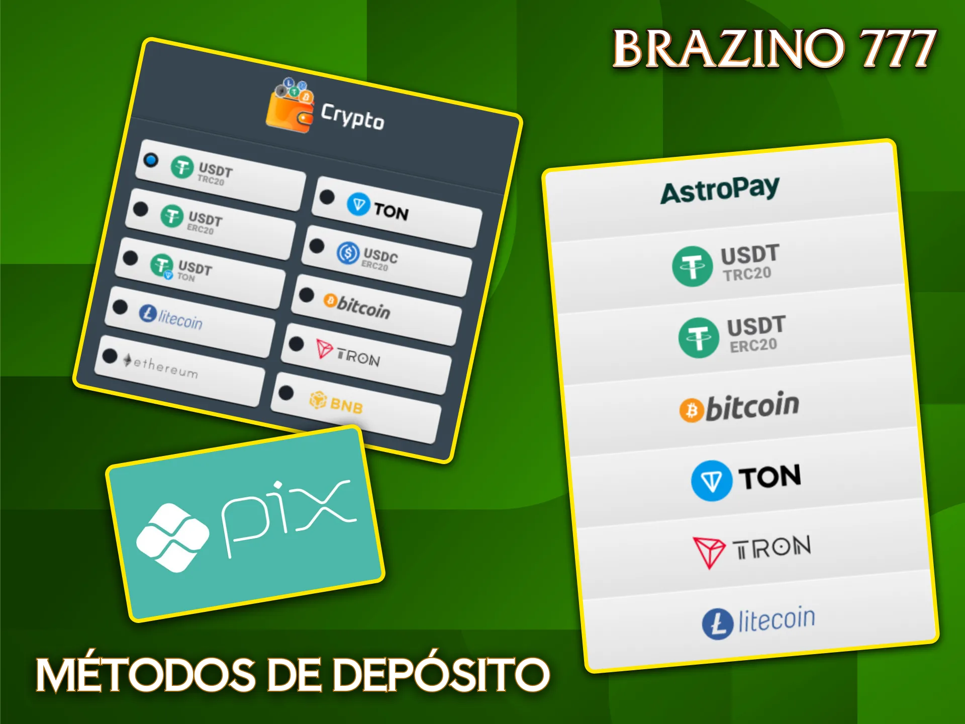 Escolha entre PIX, AstroPay e criptomoedas para depositar com total segurança no Brazino777.