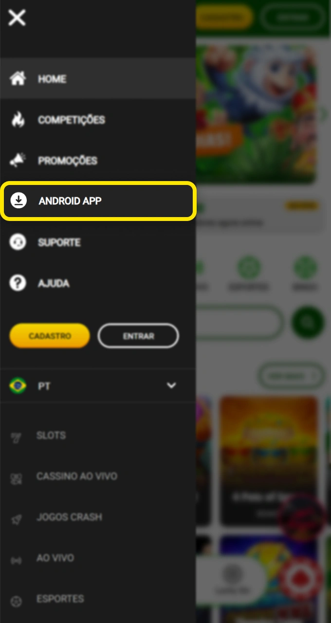 Clique no menu para baixar o aplicativo Android da bookmaker Brazino777 rapidamente.
