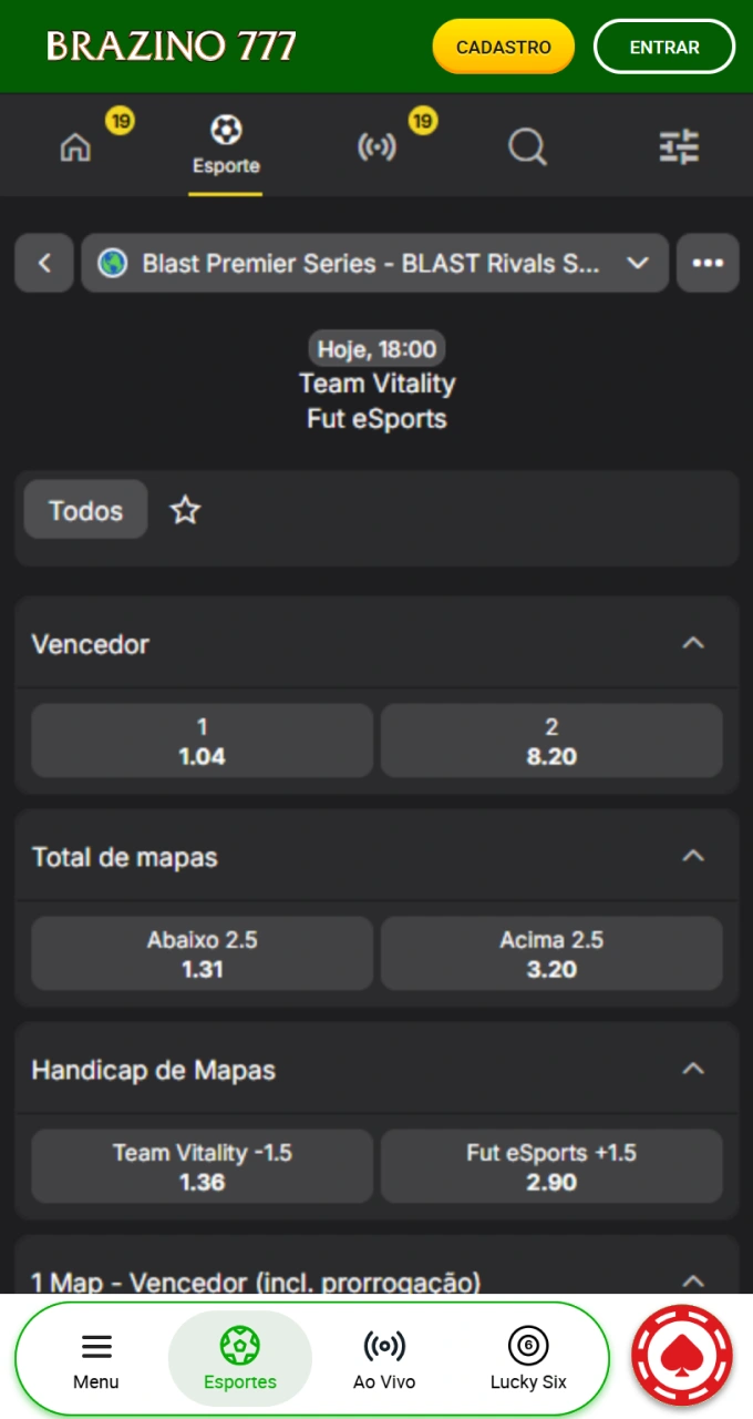 Selecione uma partida e um mercado para lucrar com apostas em eSports na Brazino777.