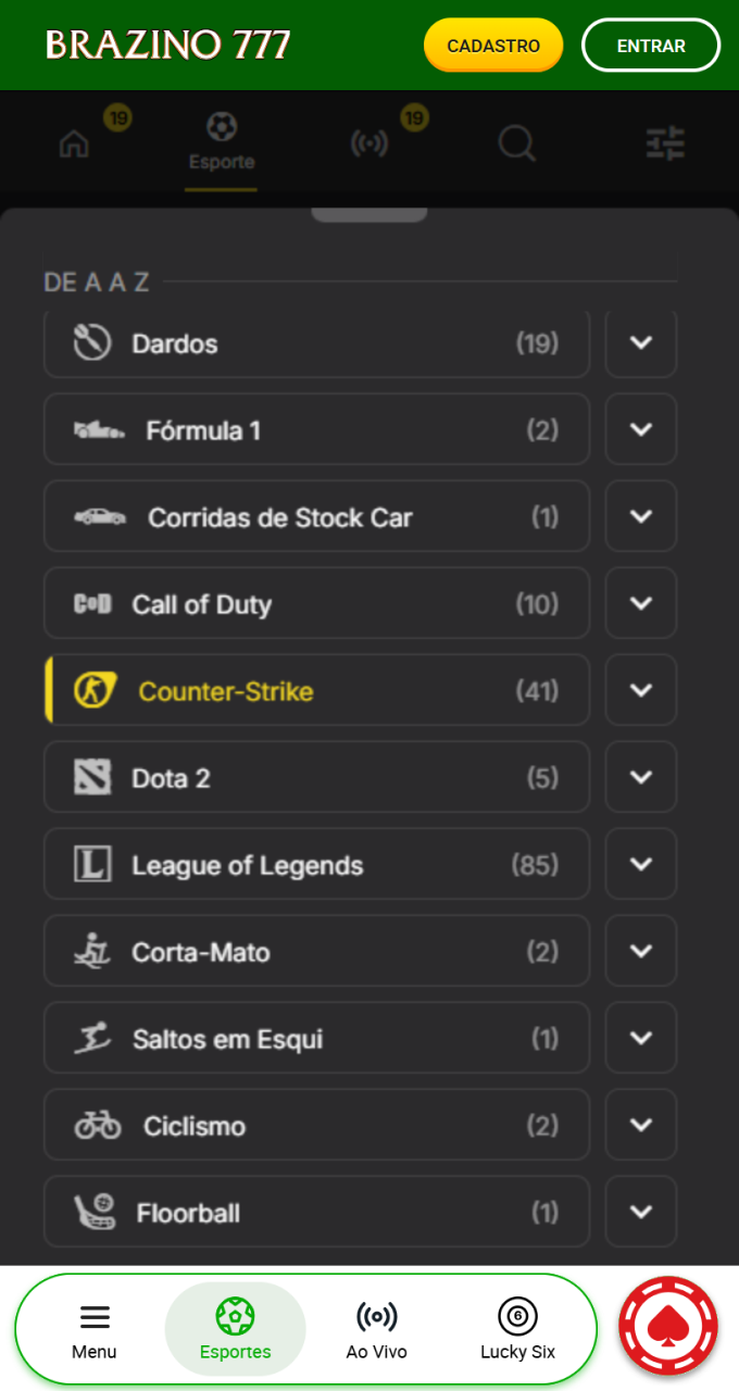 Encontre a seção de eSports no menu lateral do aplicativo oficial da Brazino777.