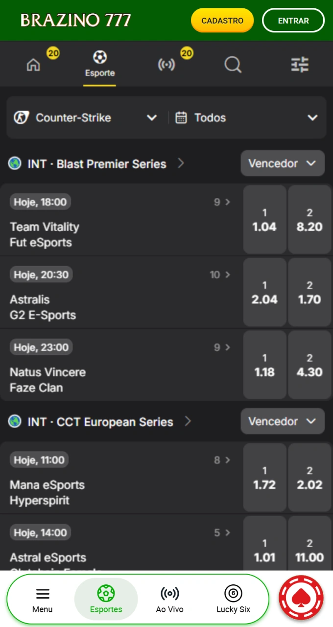 Explore a vasta seção de eSports com odds competitivas na bookmaker Brazino777.