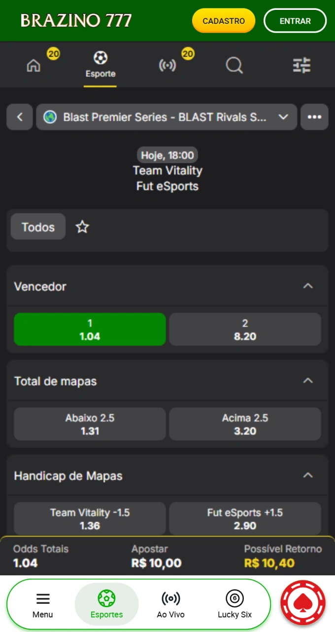 Escolha seu mercado de apostas favorito para torneios globais de esports na Brazino777.