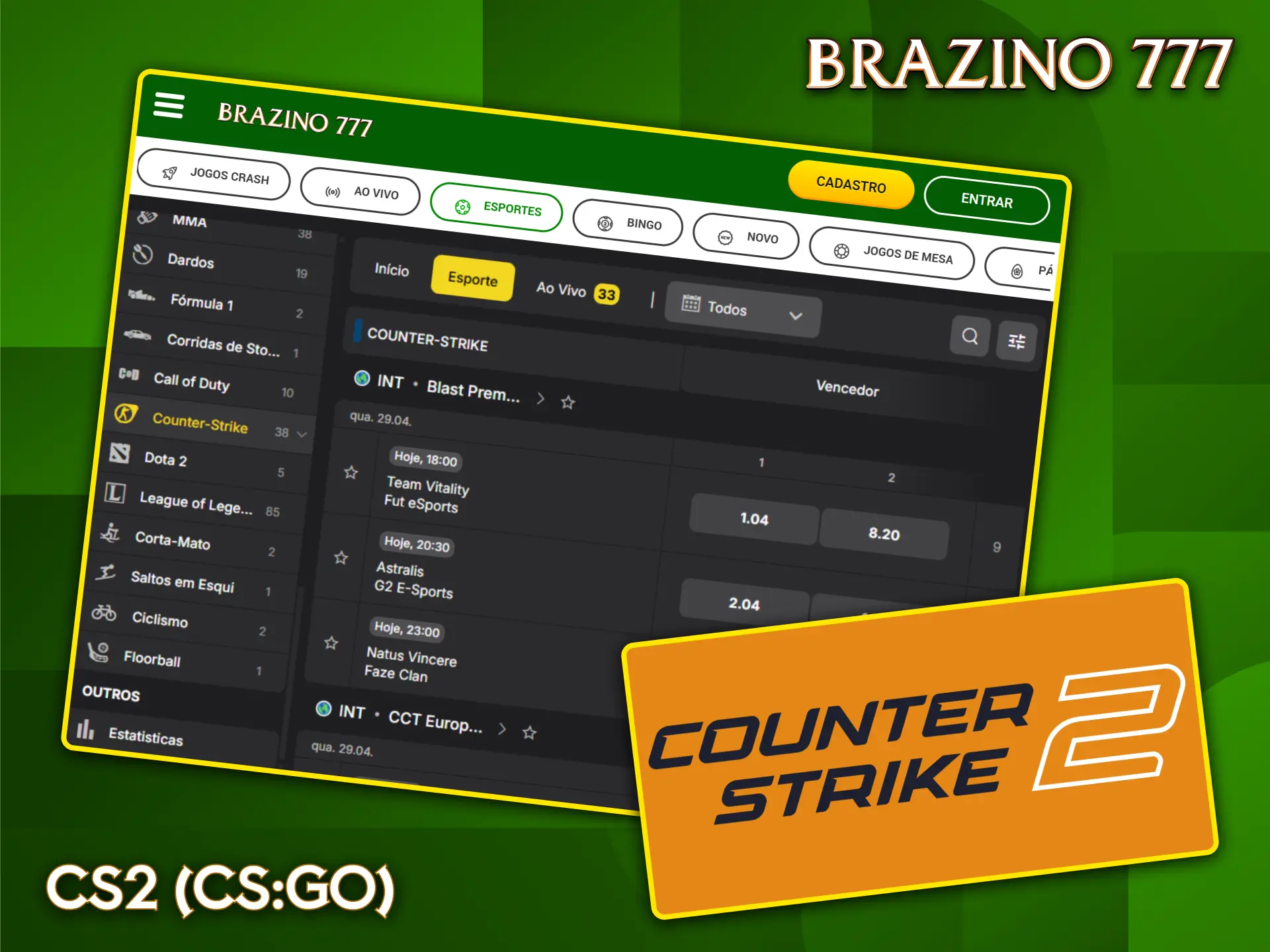 Aproveite as melhores odds para partidas de Counter-Strike 2 na bookmaker Brazino777.