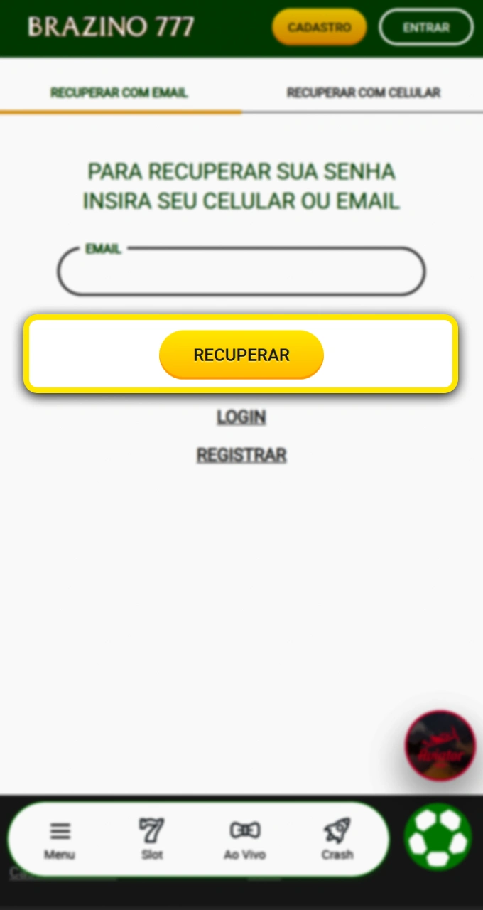 Clique no botão recuperar do Brazino777 para redefinir sua senha com total segurança.