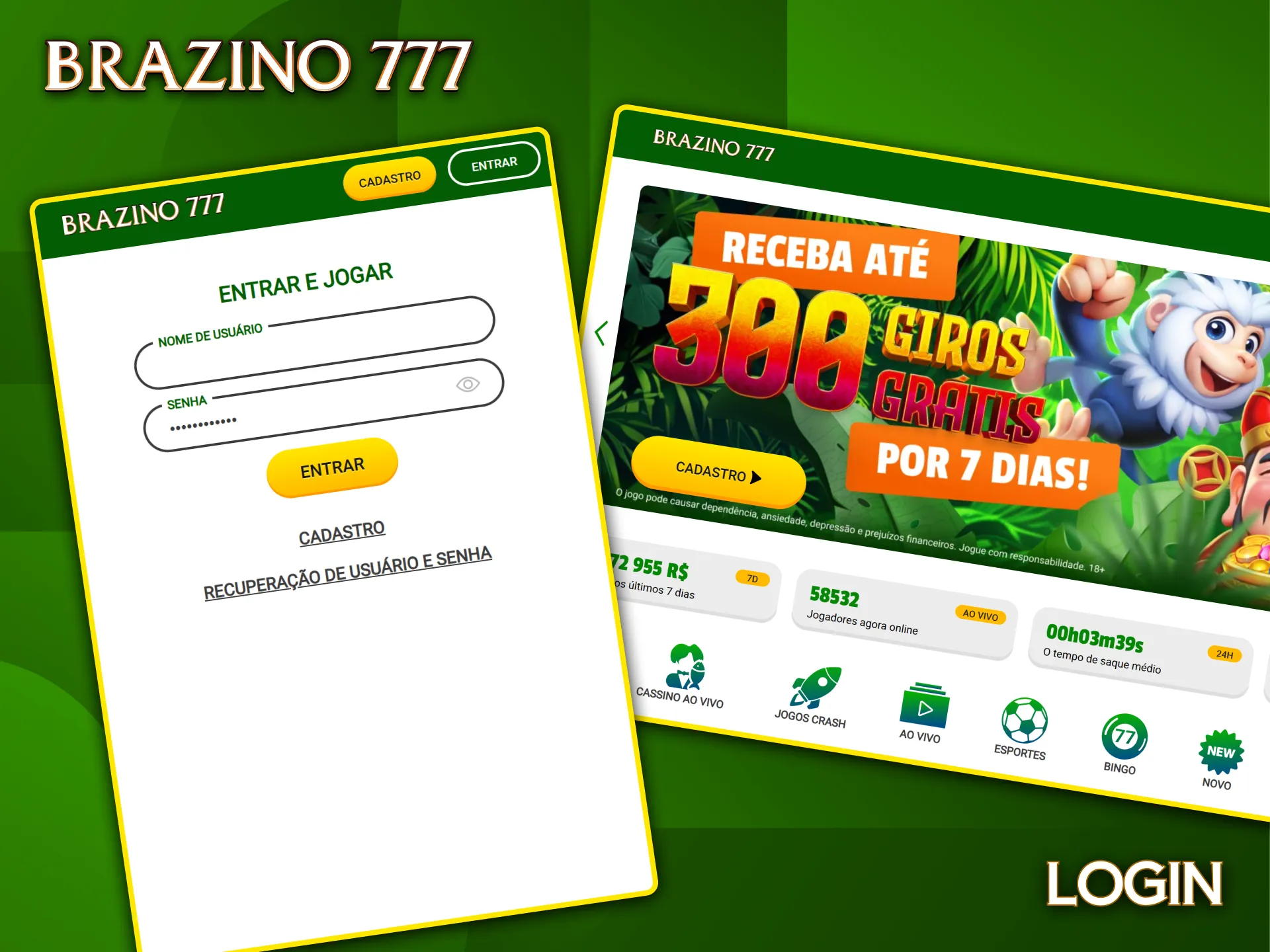 Faça login na sua conta Brazino777 para aproveitar bônus exclusivos e os melhores jogos.