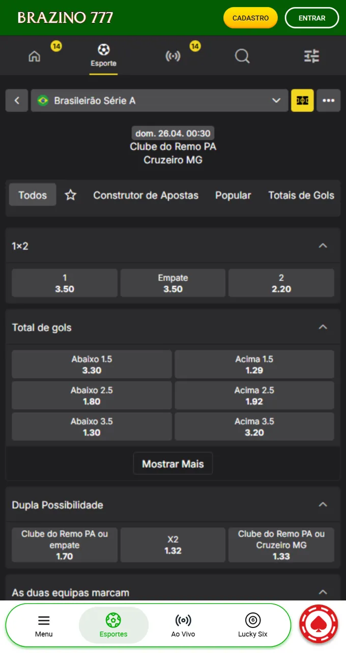 Milhares de eventos esportivos estão disponíveis para sua primeira aposta no site Brazino777.