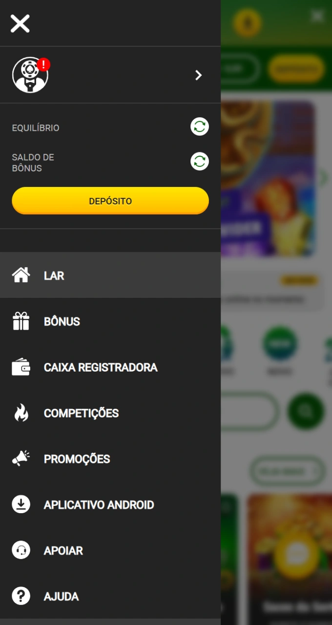 Monitore seu saldo e bônus facilmente no menu lateral do cassino Brazino777.