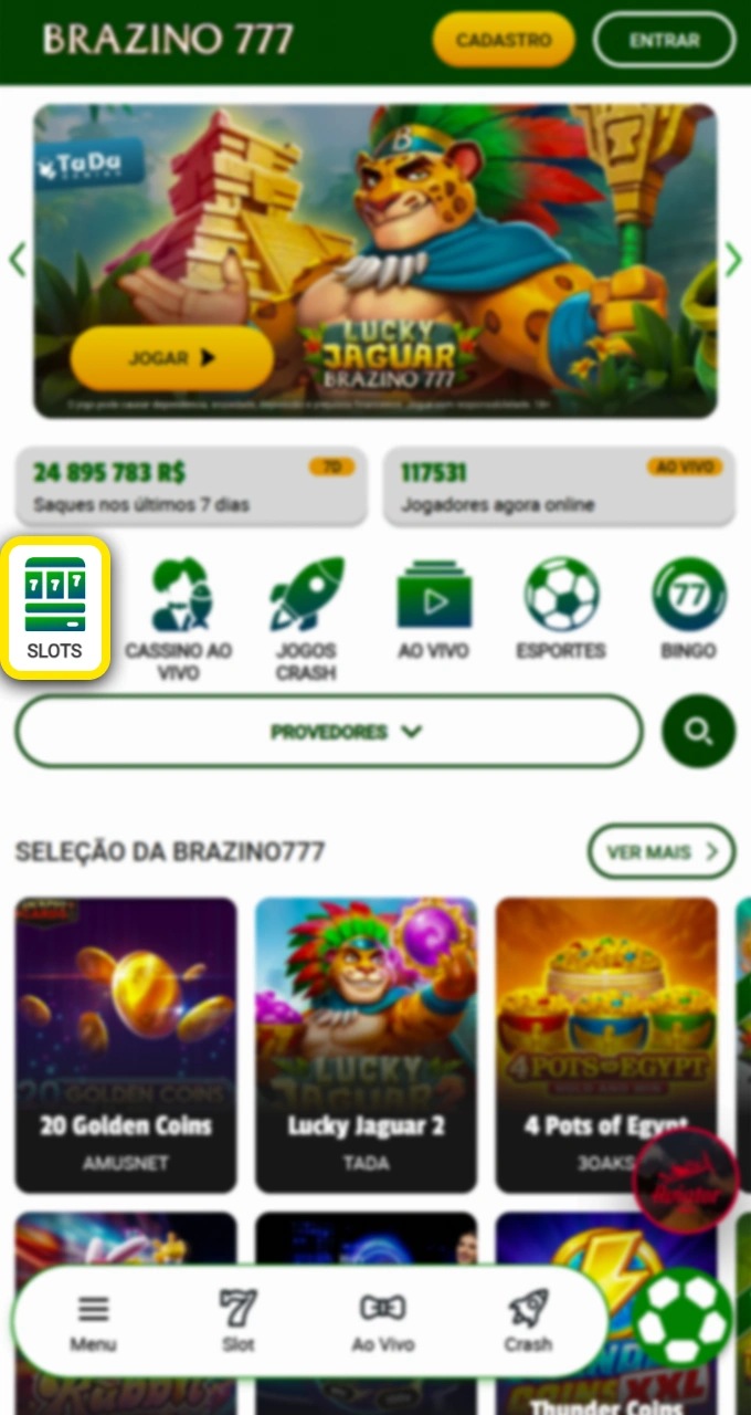 Acesse a seção de slots do Brazino777 para encontrar os jogos mais populares.