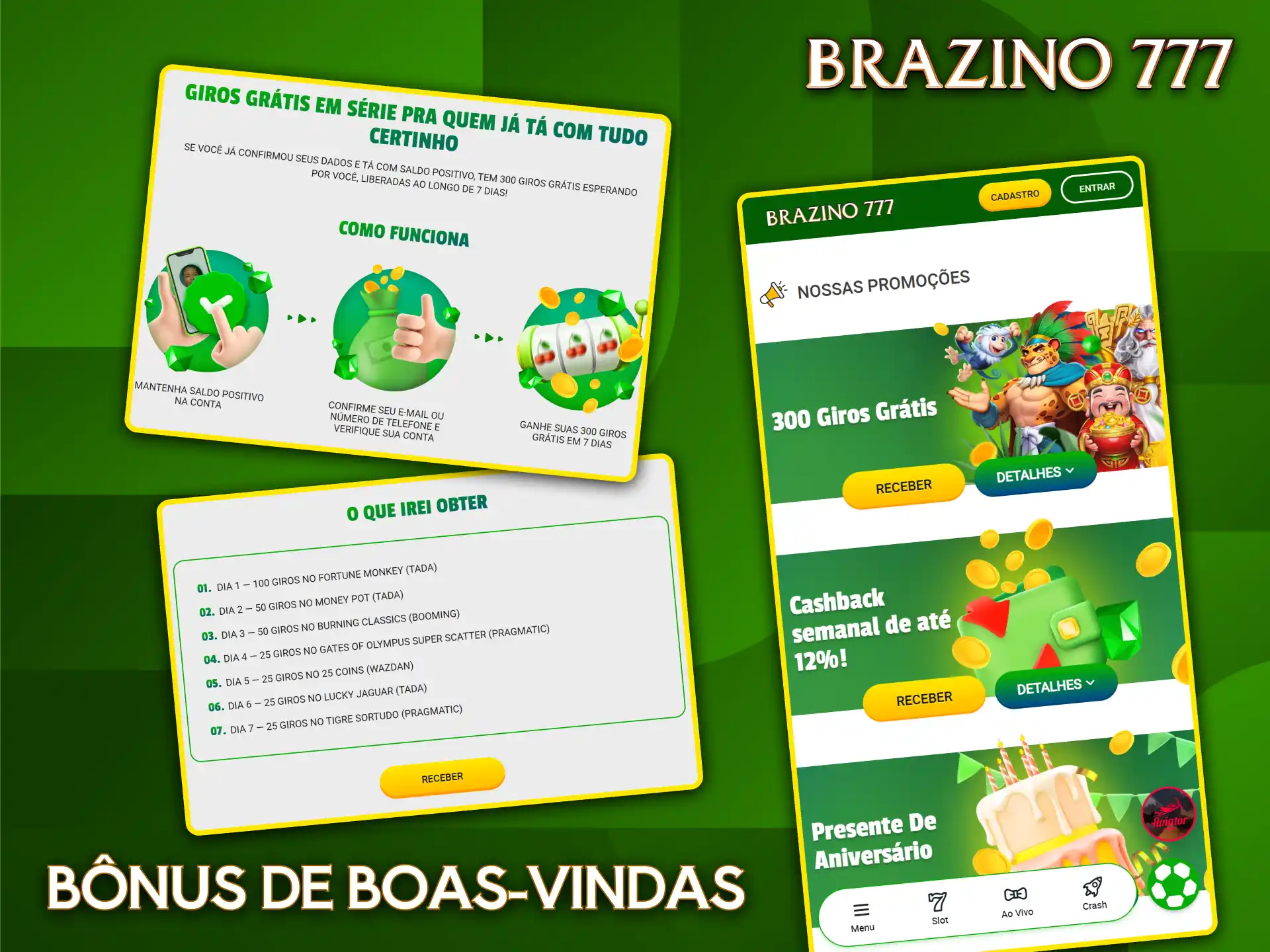 Ative o bônus de boas-vindas do Brazino777 e receba até 300 giros grátis.