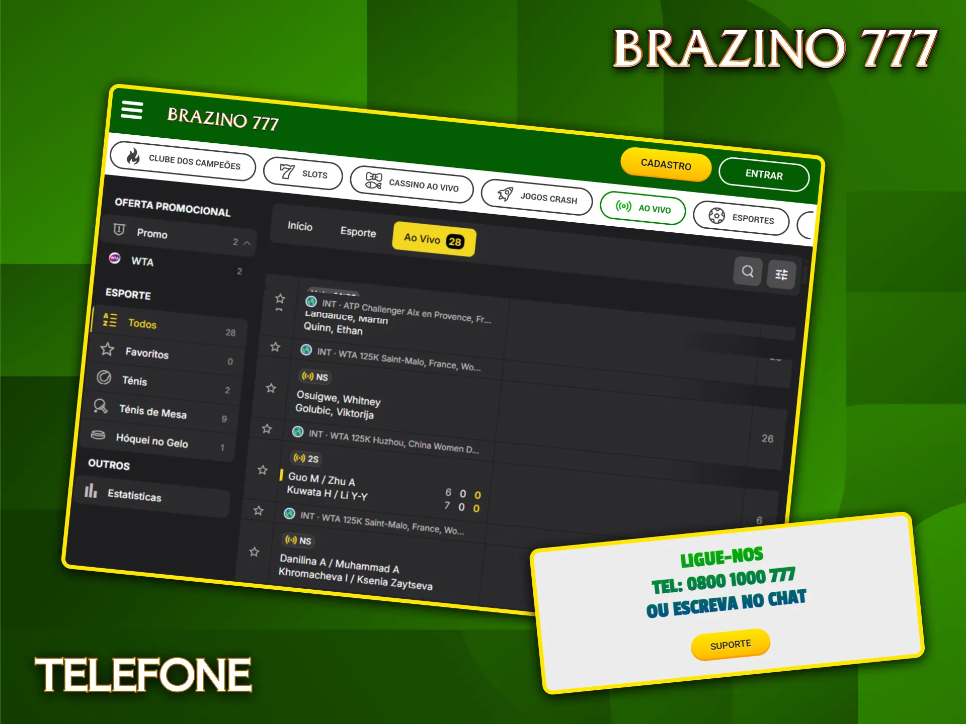 Ligue para o atendimento do Brazino777 e receba ajuda direta sobre suas apostas online.