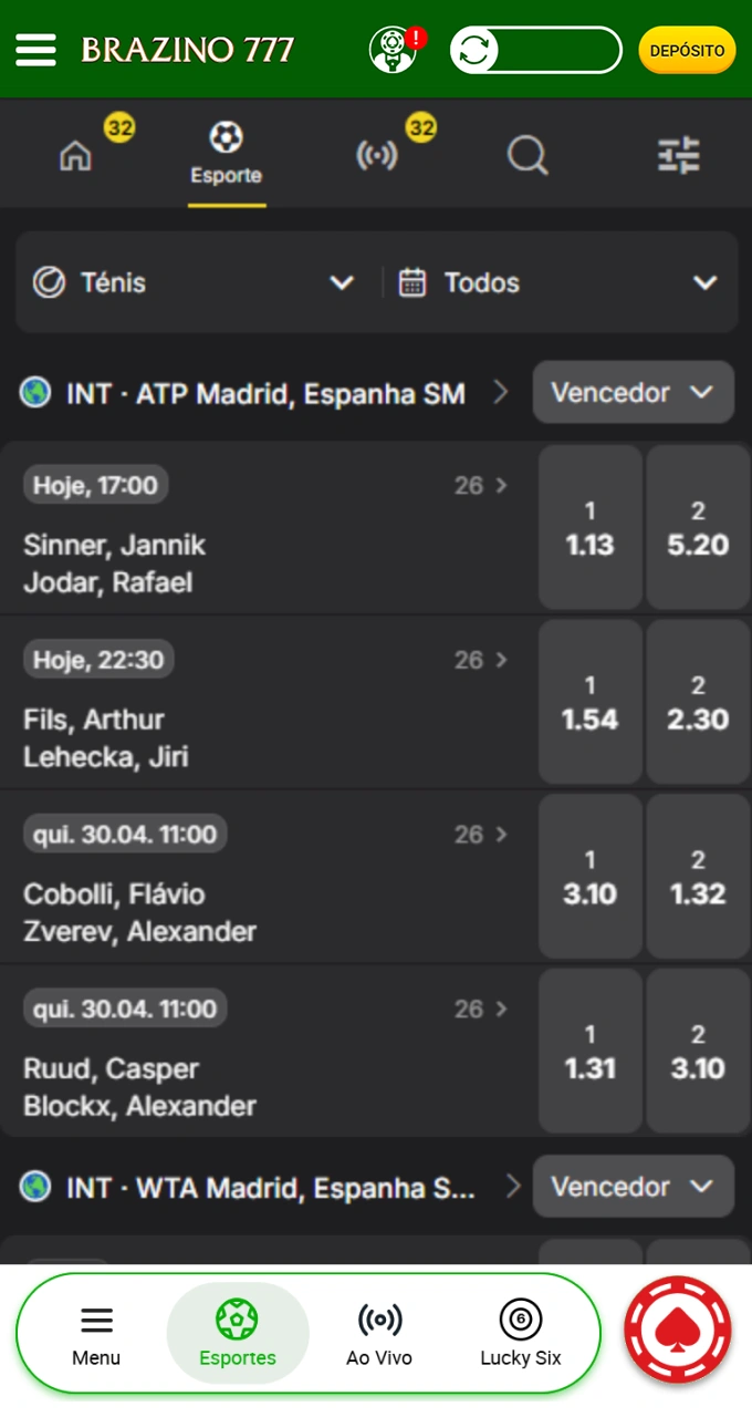 Escolha o tênis no menu de esportes da bookmaker Brazino777 para as melhores competições.